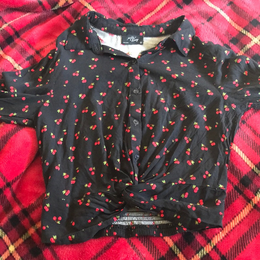 Cropped long sleeve button down cherry top
